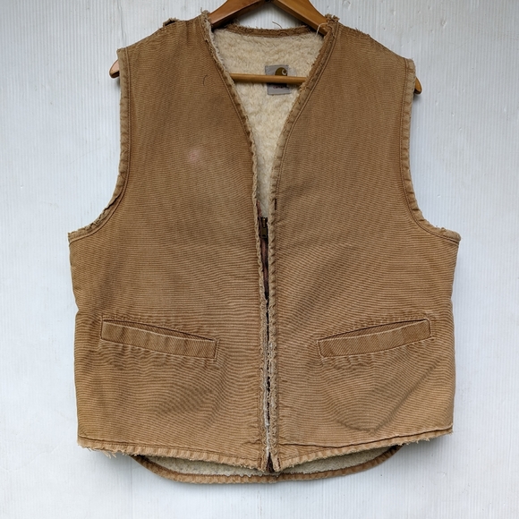 CARHARTT worn-in ripped distressed faded Sherpa lined tan duck vest coat - Picture 9 of 12